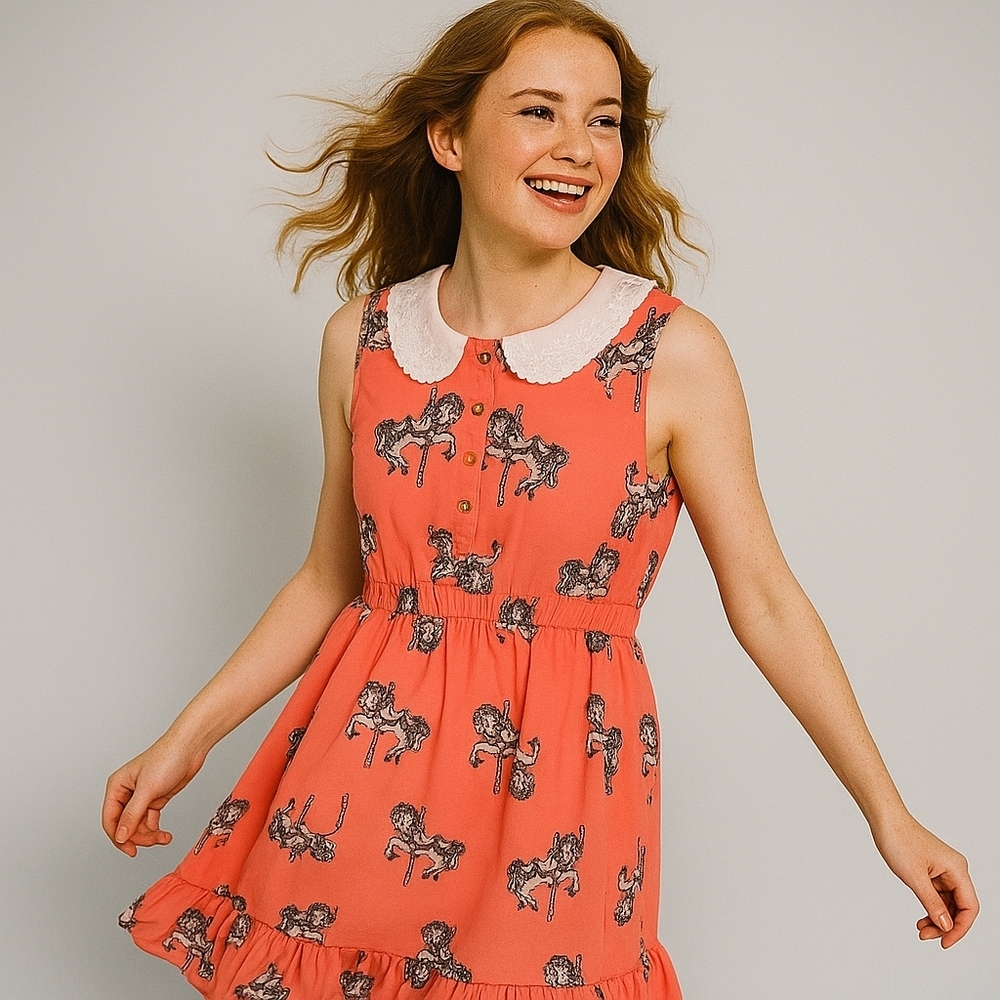 Sugarhill Boutique Coral Carousel Horse Dress Peter Pan Collar Size M Coquette